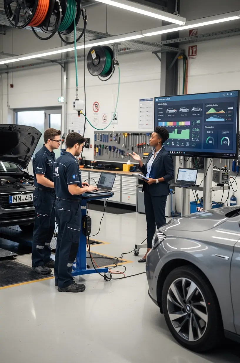 Moderne Diagnosegeräte zur frühzeitigen Erkennung von Fahrzeugproblemen in einer deutschen Autowerkstatt.