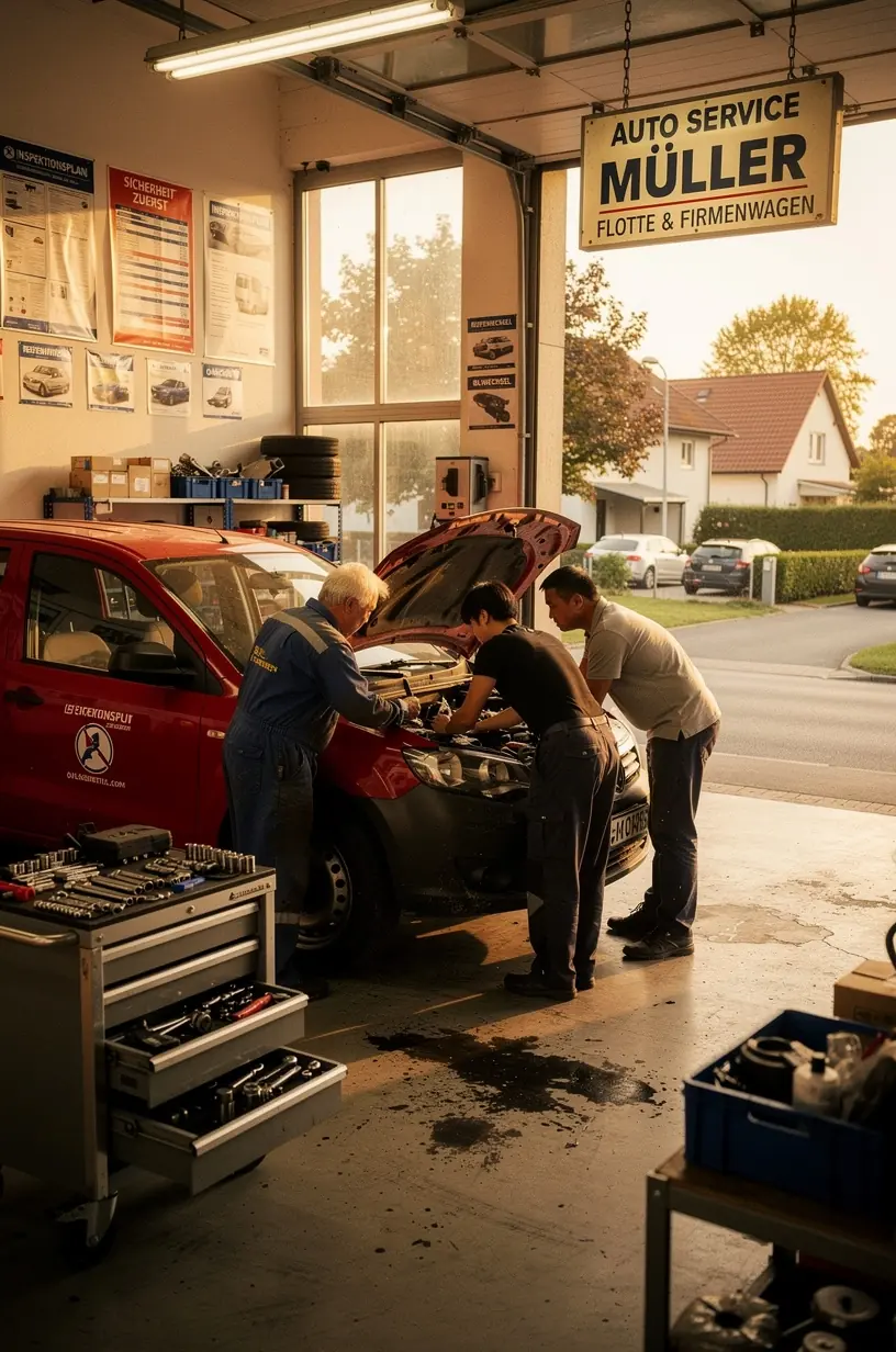 Transporter in der Werkstatt während der geplanten Wartung mit sorgfältiger Dokumentation der Arbeiten.